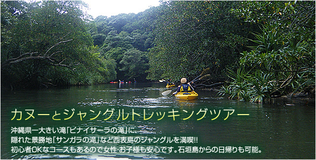 カヌーとジャングルトレッキングツアー ピナイサーラの滝やサンガラの滝など西表島のジャングルを満喫!初心者でも大丈夫なコースもあるので女性やお子様も安心です。石垣島からの日帰りも可能。
